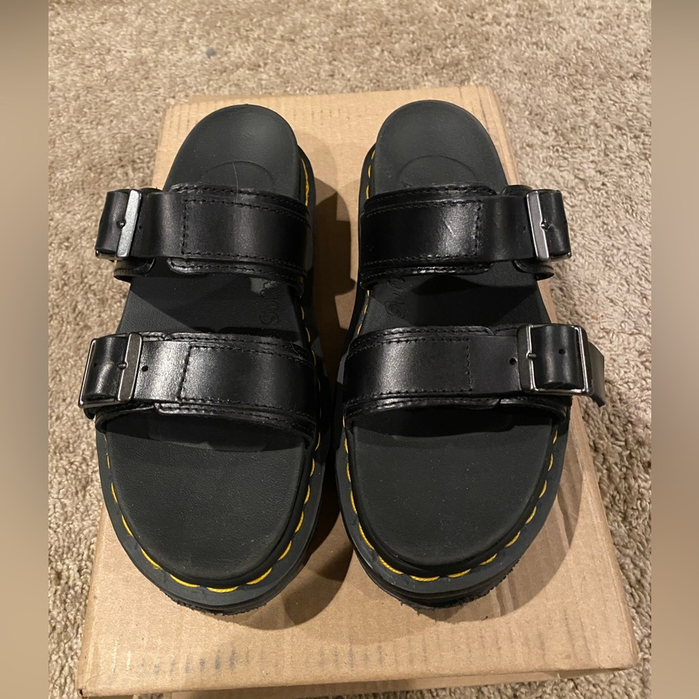 Dr. Martens Myles Brando Black Leather Buckle Slide Sandals